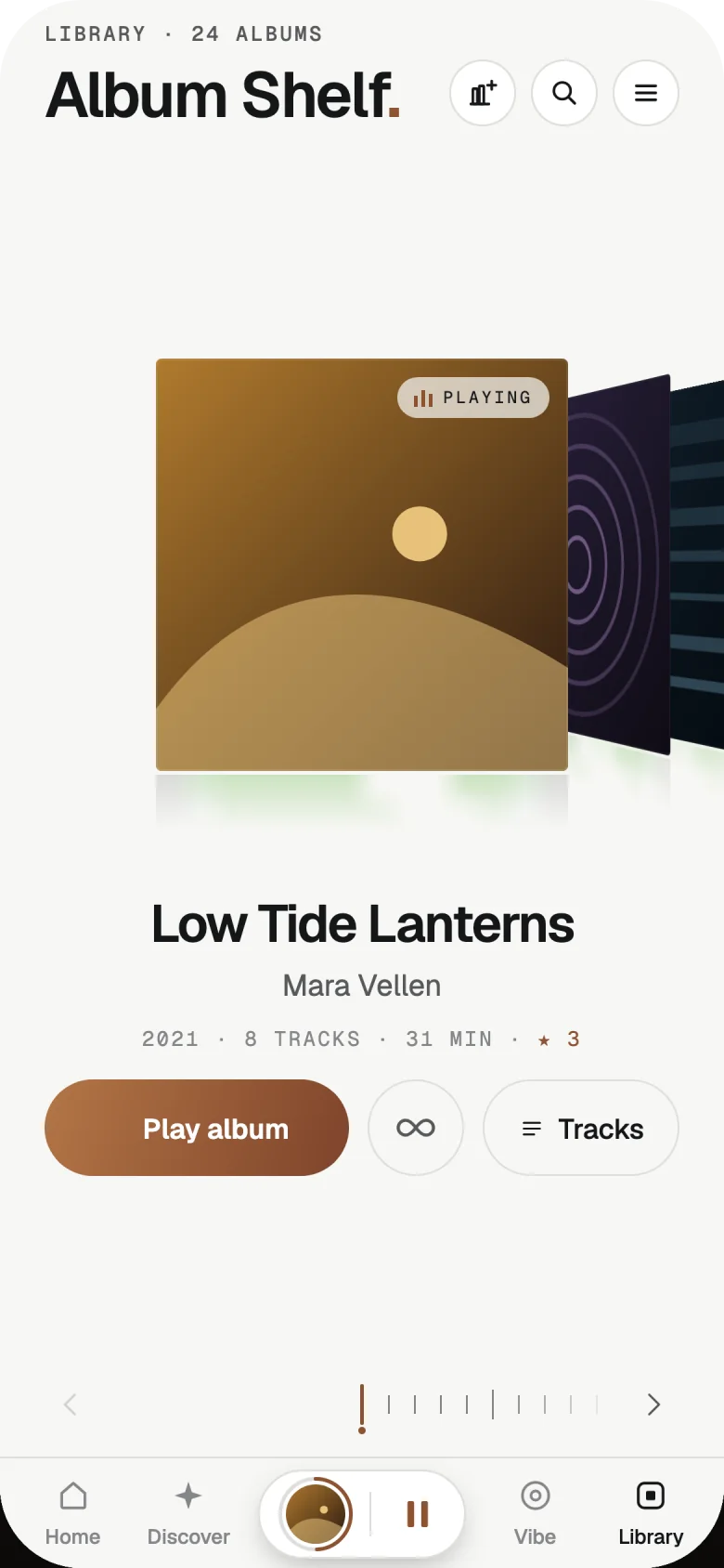 The Album Shelf in the light theme, with one large album cover and a Play album button.