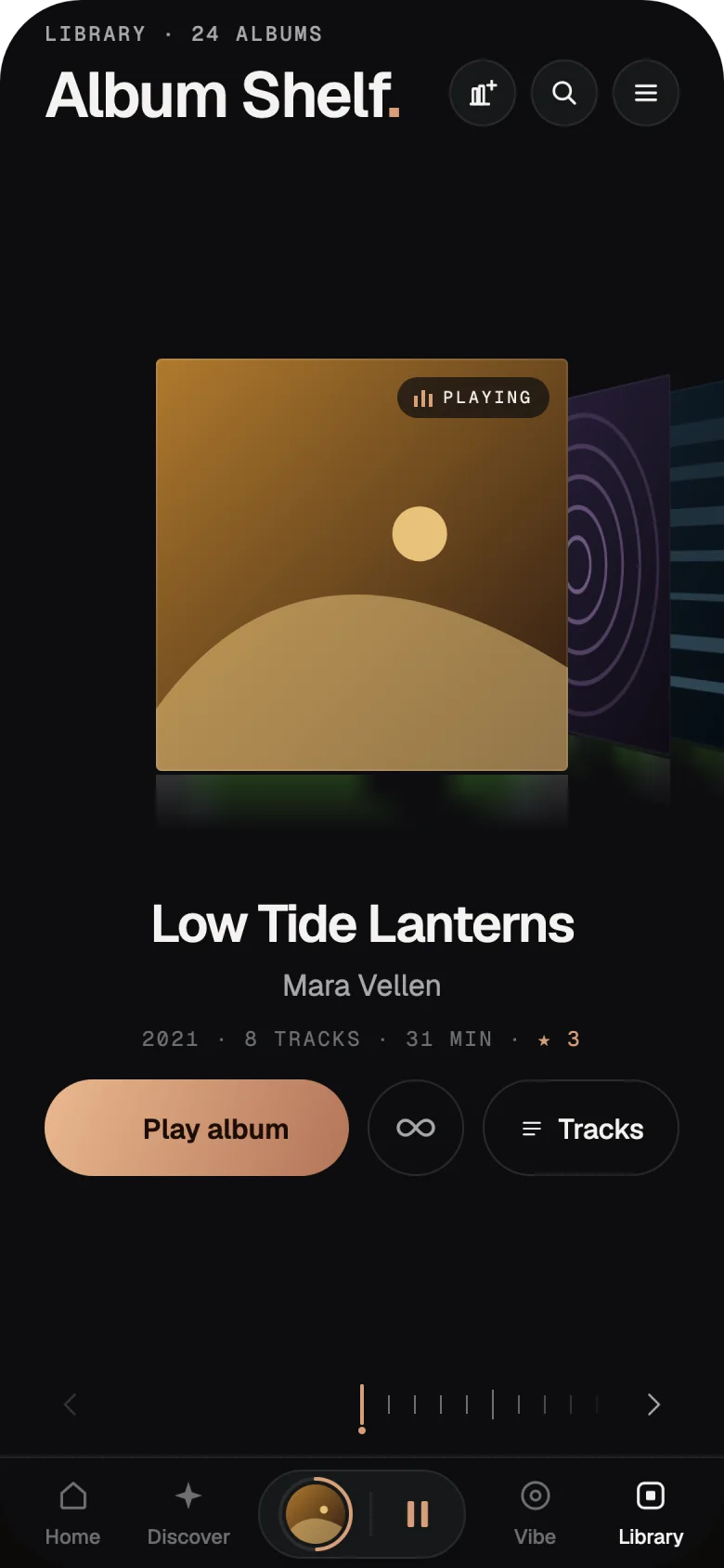The Album Shelf: one album cover large in the center, Low Tide Lanterns by Mara Vellen, with a Play album button.