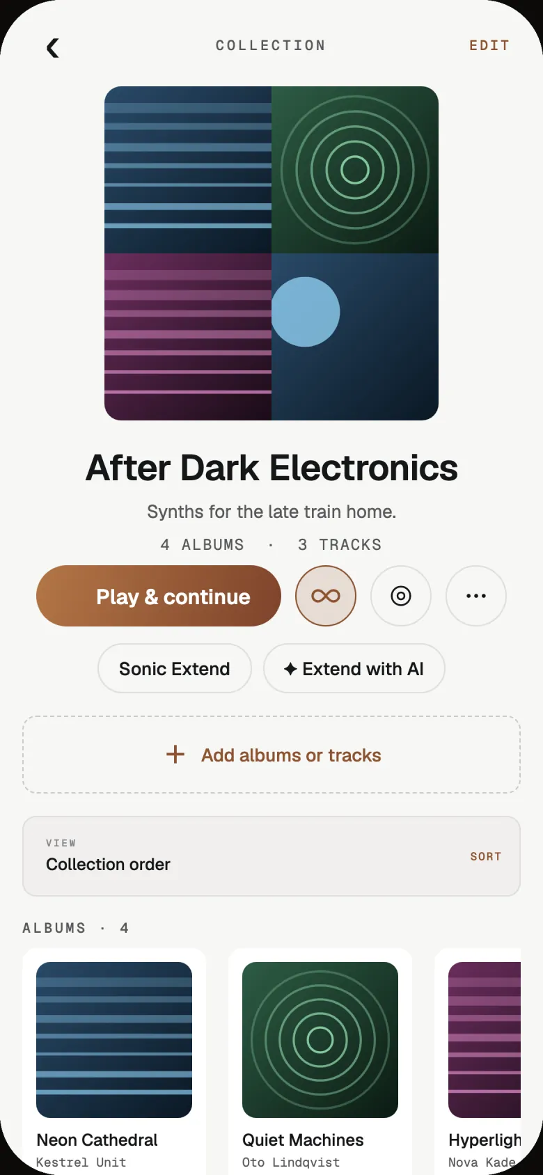 A collection called After Dark Electronics, with four albums and three tracks, and buttons for Play and continue, Sonic Extend and Extend with AI.