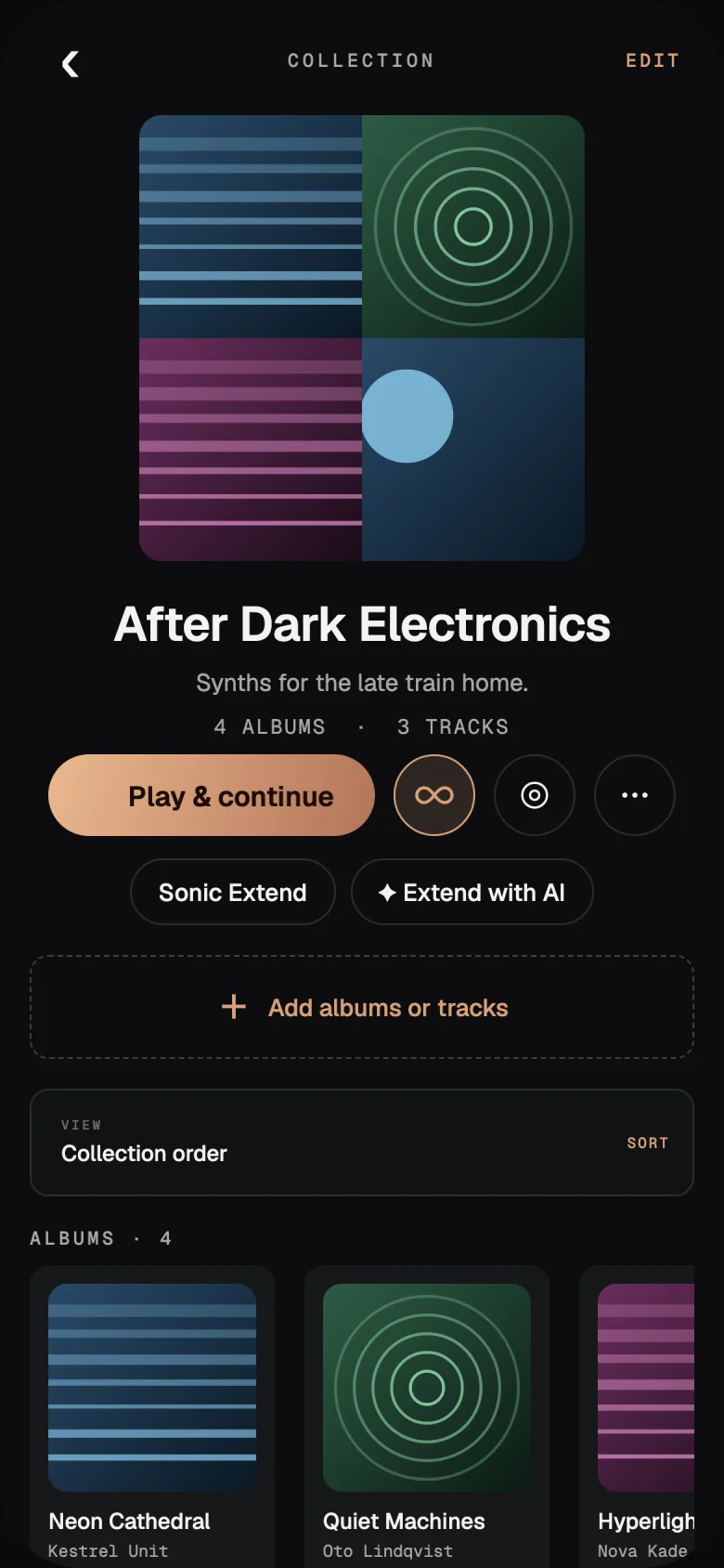 A collection called After Dark Electronics, with four albums and three tracks, and buttons for Play and continue, Sonic Extend and Extend with AI.