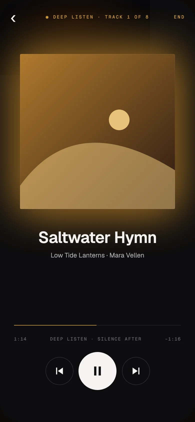 Deep Listen: track 1 of 8, large album art, the song Saltwater Hymn and simple controls, with silence after the album.