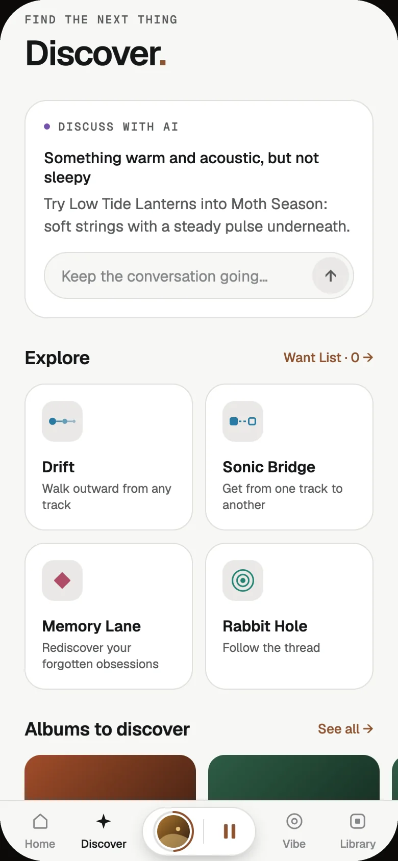 The Discover tab in the light theme, with Discuss with AI, the four Explore tools and Albums to discover.