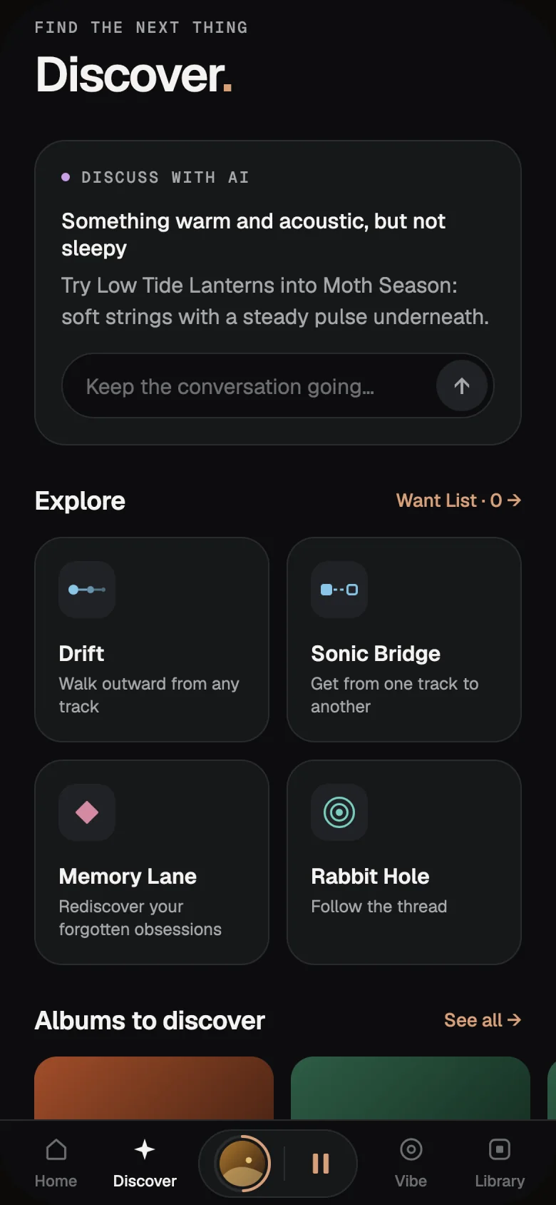 The Discover tab: a Discuss with AI card, the Explore tools Drift, Sonic Bridge, Memory Lane and Rabbit Hole, and Albums to discover.