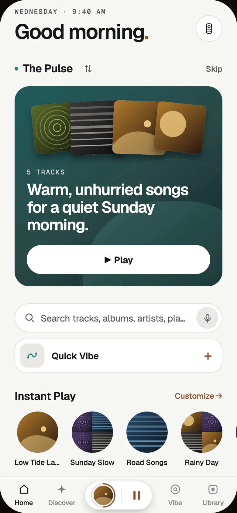Lumae's Home screen: a Good morning greeting, The Pulse with a five-track mix and a Play button, search, Quick Vibe and Instant Play.