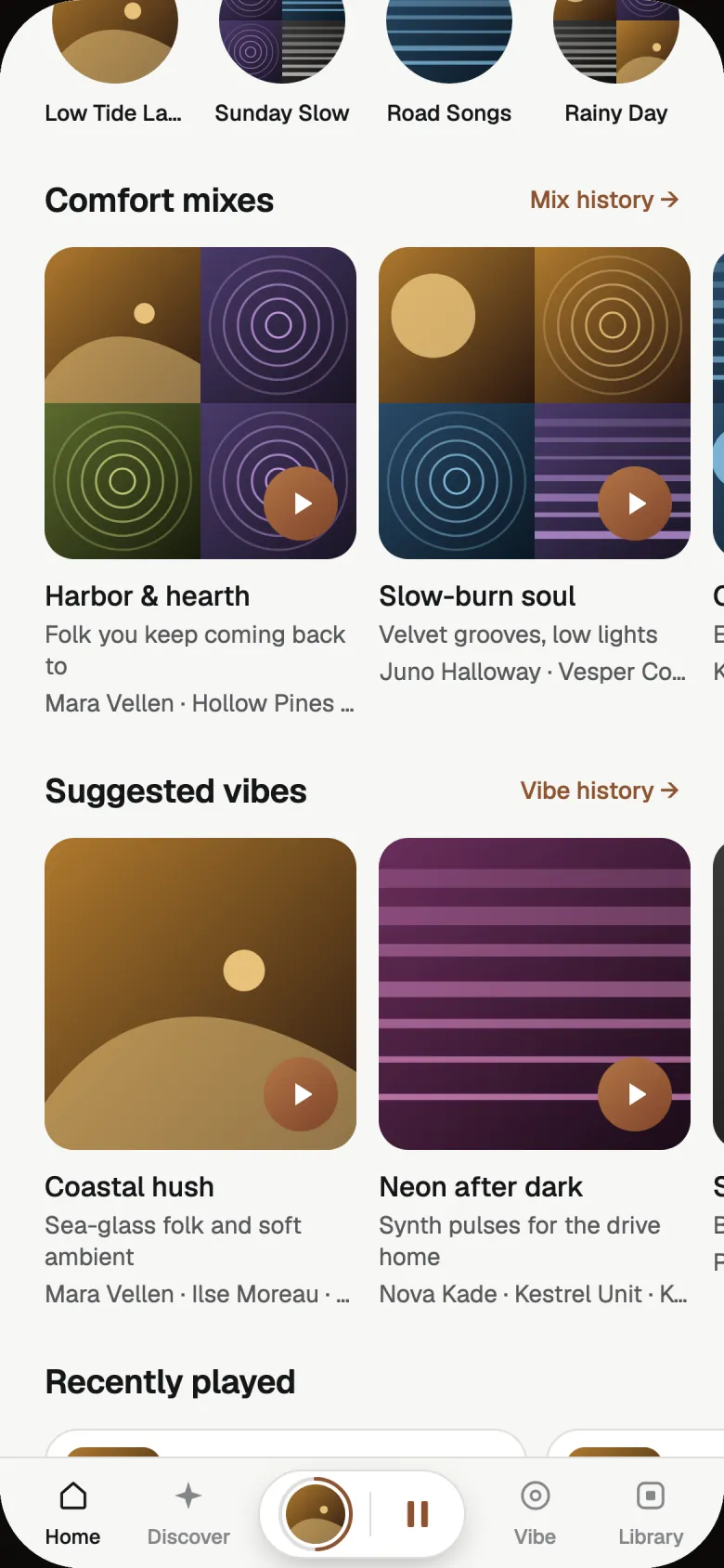 Further down Home: Comfort mixes such as Harbor & hearth and Slow-burn soul, then Suggested vibes such as Coastal hush and Neon after dark.