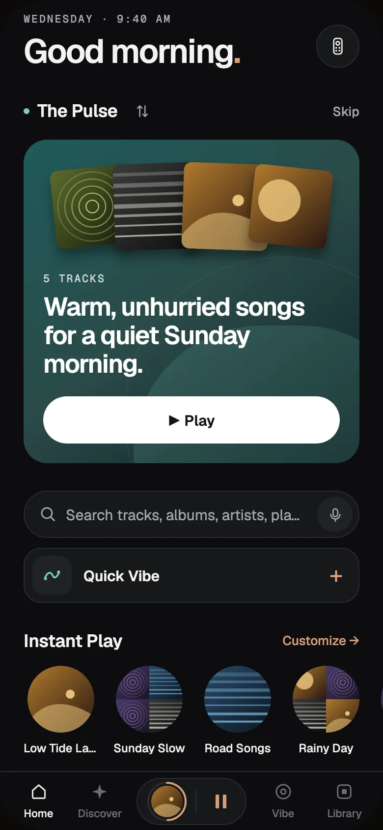Lumae's Home screen: a Good morning greeting, The Pulse with a five-track mix and a Play button, search, Quick Vibe and Instant Play.