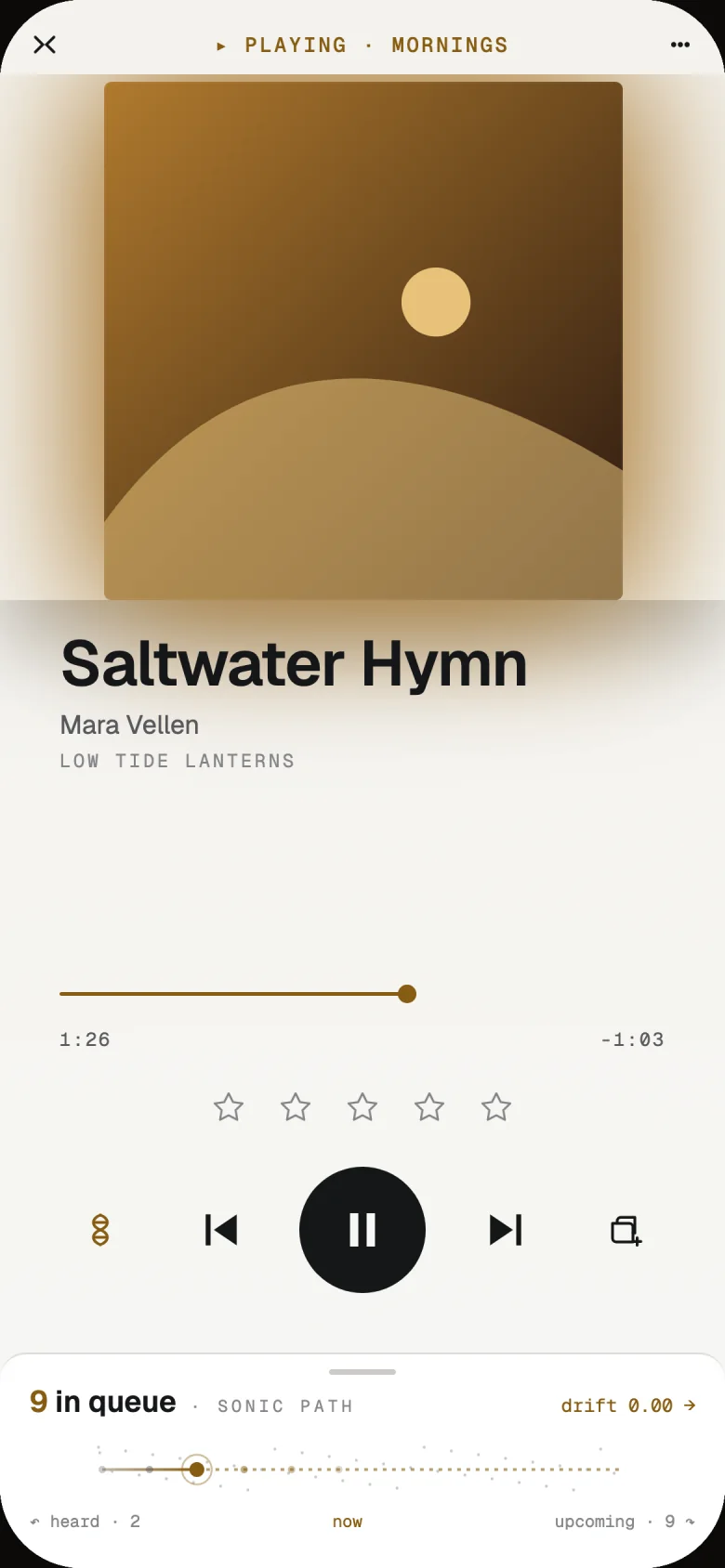 Now Playing in Lumae: large album art, the song Saltwater Hymn by Mara Vellen, star rating and controls, with the queue's sonic path below.