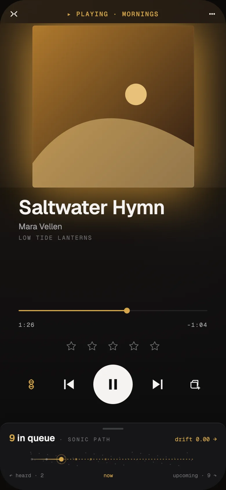 Now Playing in Lumae: large album art, the song Saltwater Hymn by Mara Vellen, star rating and controls, with the queue's sonic path below.