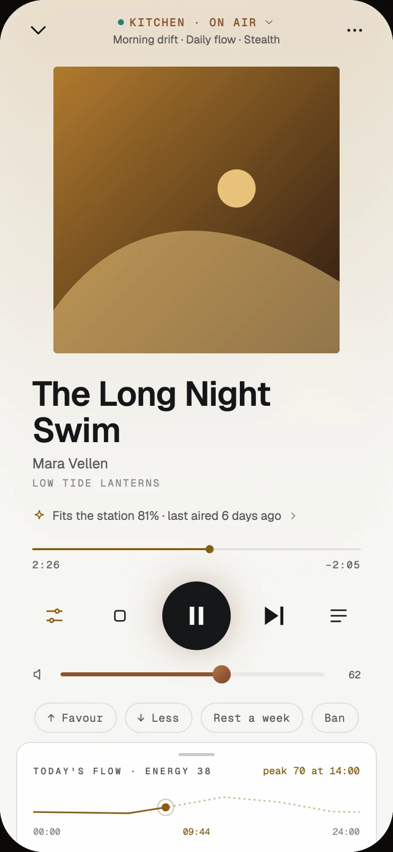 The Lumae Radio remote: the radio called Kitchen is on air with the station Morning drift, playing The Long Night Swim by Mara Vellen, with Favour, Less, Rest a week and Ban, and today's energy flow.