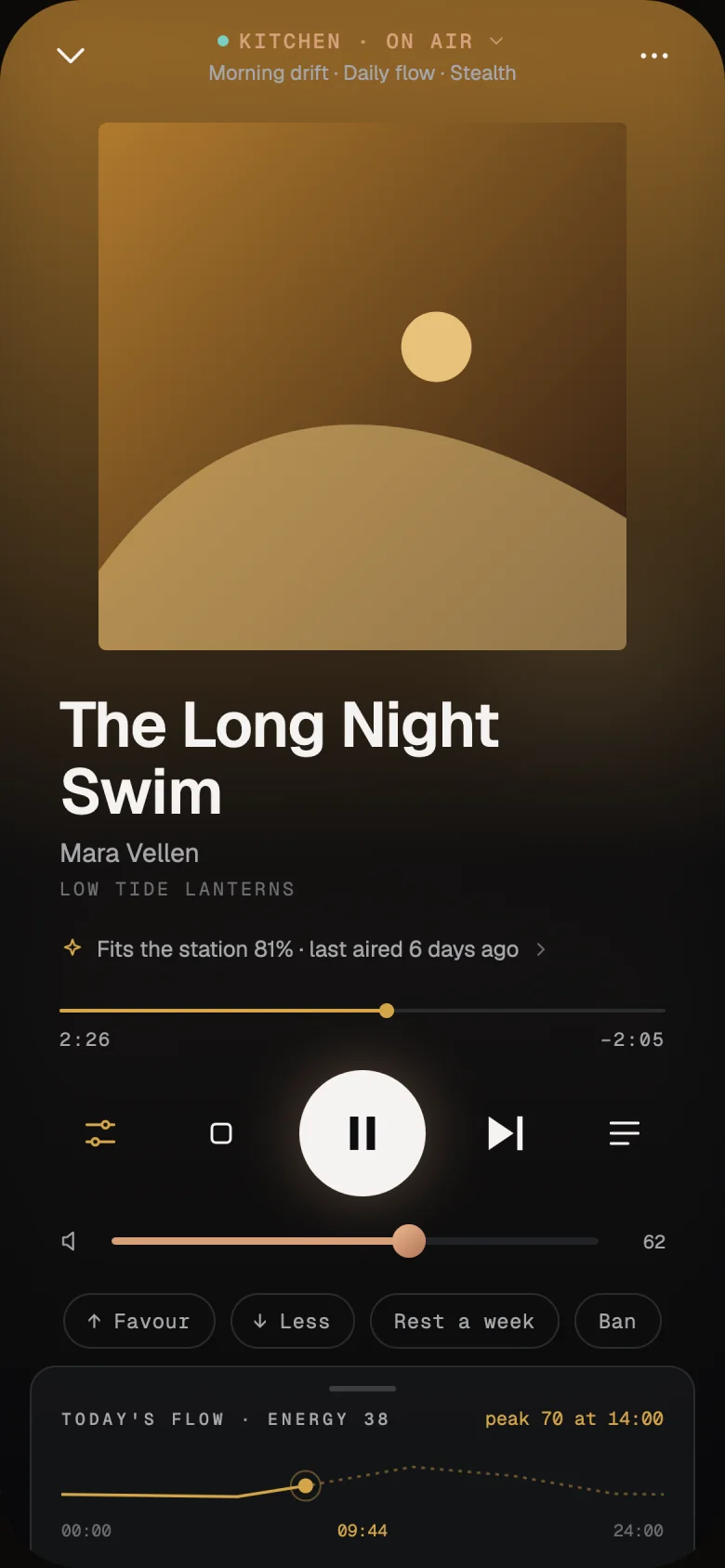 The Lumae Radio remote: the radio called Kitchen is on air with the station Morning drift, playing The Long Night Swim by Mara Vellen, with Favour, Less, Rest a week and Ban, and today's energy flow.