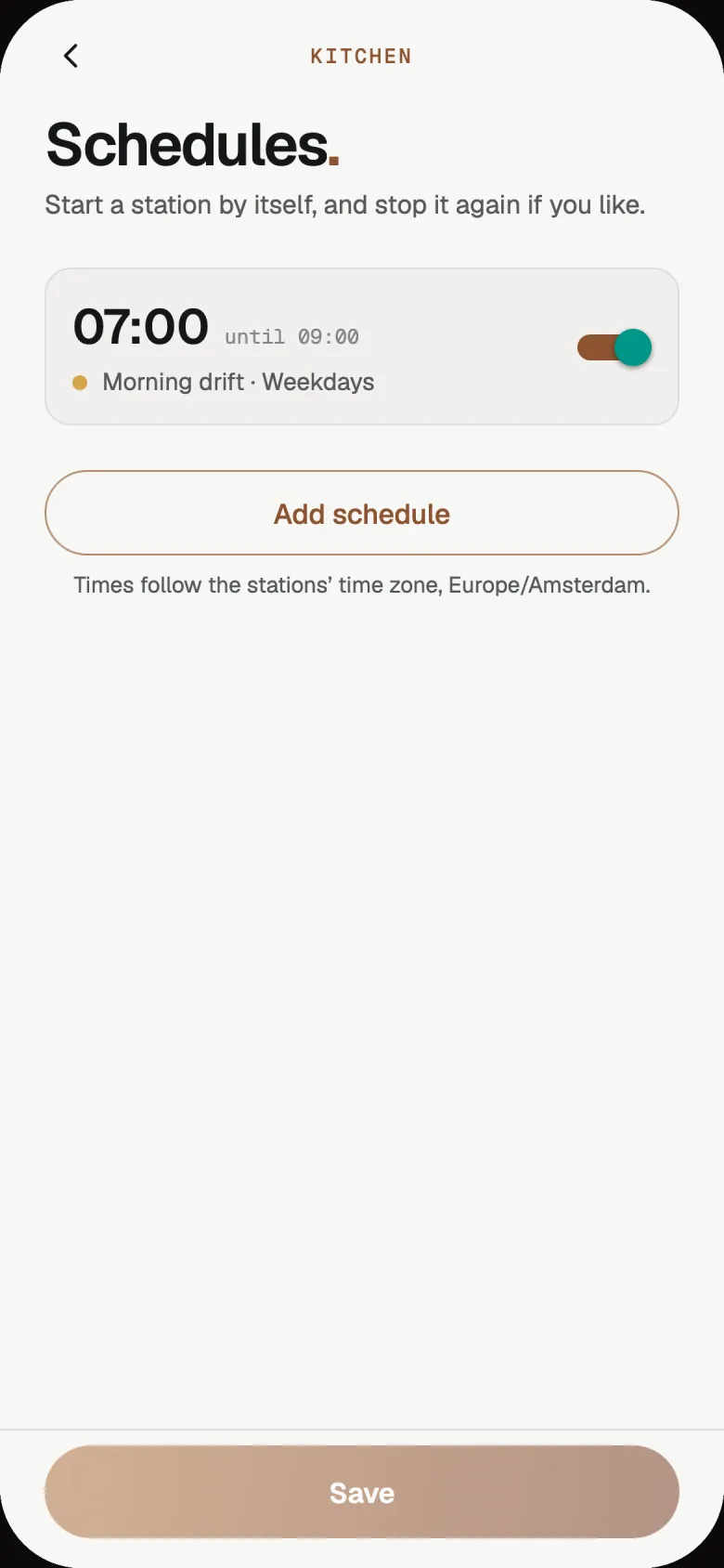 Schedules: Morning drift starts at 07:00 on weekdays and stops at 09:00, with an Add schedule button.