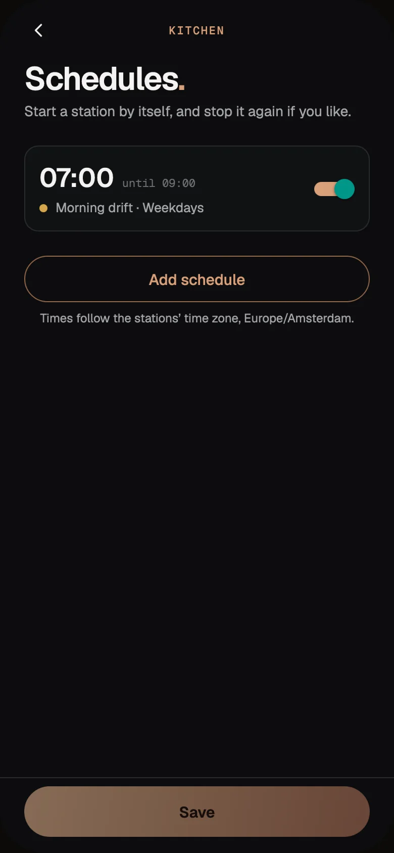 Schedules: Morning drift starts at 07:00 on weekdays and stops at 09:00, with an Add schedule button.