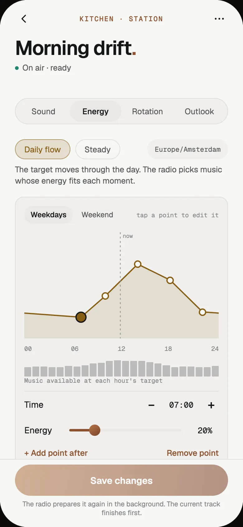 The Energy tab: Daily flow selected, a curve across the day with editable points, and how much music is available for each hour's target.