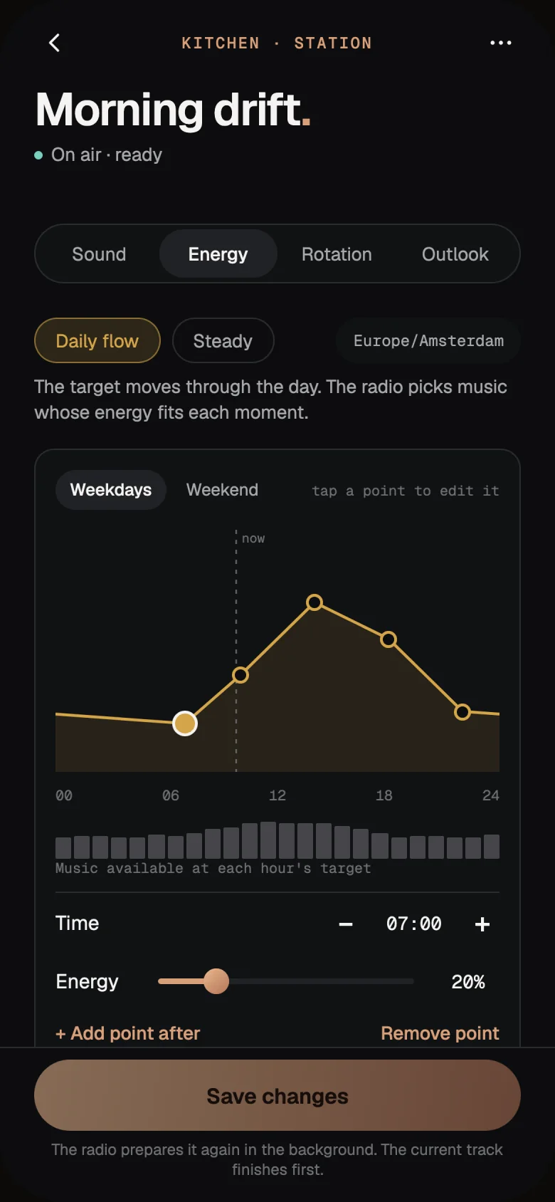The Energy tab: Daily flow selected, a curve across the day with editable points, and how much music is available for each hour's target.