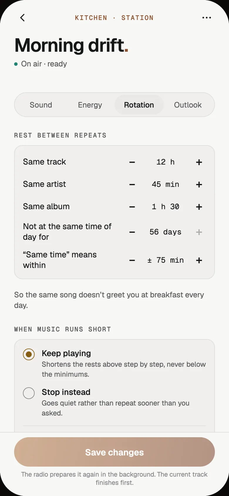 The Rotation tab: rest between repeats for the same track, artist and album, not at the same time of day for 56 days, and what to do when music runs short.