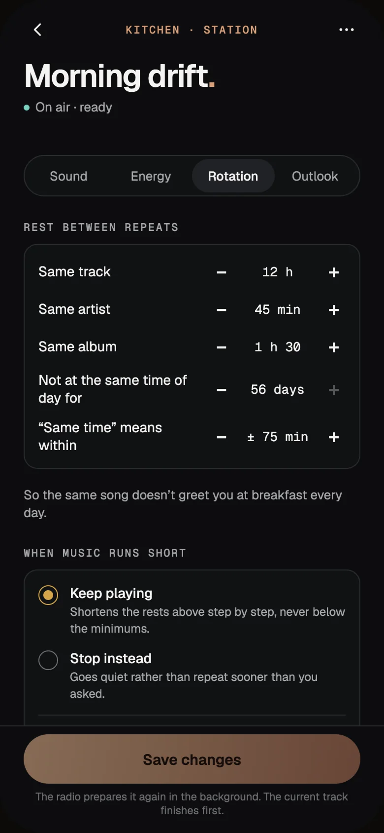 The Rotation tab: rest between repeats for the same track, artist and album, not at the same time of day for 56 days, and what to do when music runs short.